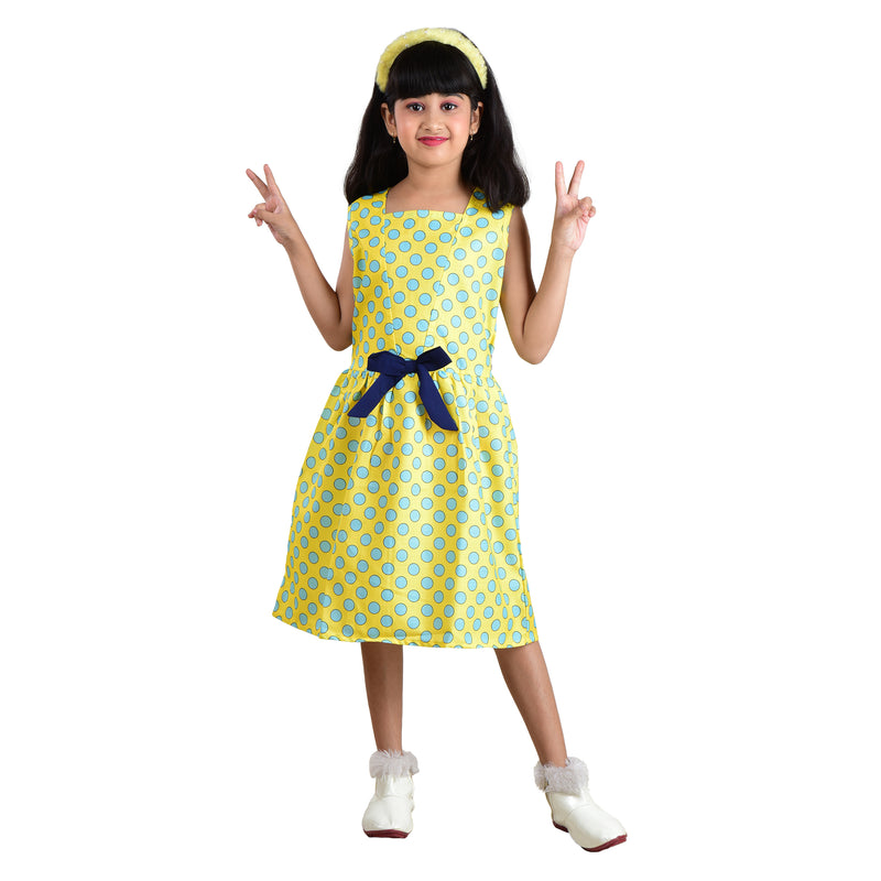 Clothe Funn Girls Square Neck, Polka Dot Printed Dress, Yellow & T.Blue