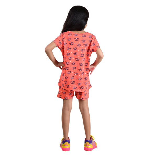 Clothe Funn Girls Nightwear/Girls Co Ord Set, Coral AOP