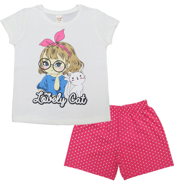 Clothe Funn Girls Cotton Nightwear Set, Off White & Pink