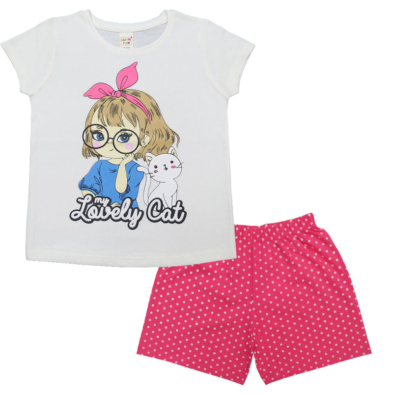 Clothe Funn Girls Cotton Nightwear Set, Off White & Pink