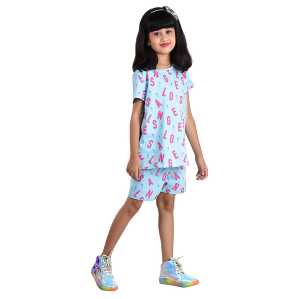 Clothe Funn Girls Nightwear/Girls Co Ord Set, Sky Blue AOP