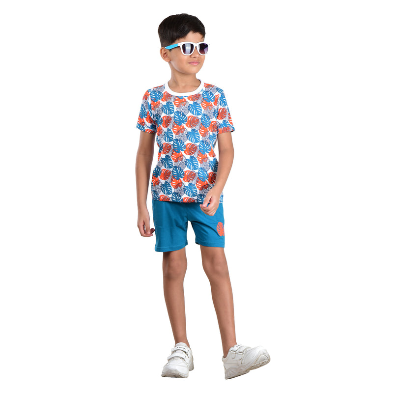 Clothe Funn Boys Set, White AOP/Teal