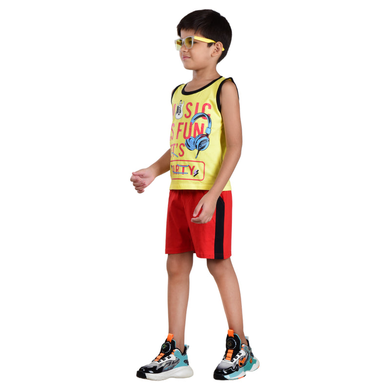 Clothe Funn Boys C-Ord Set, Sleeveless T-Shirt & Shorts, Yellow & Red