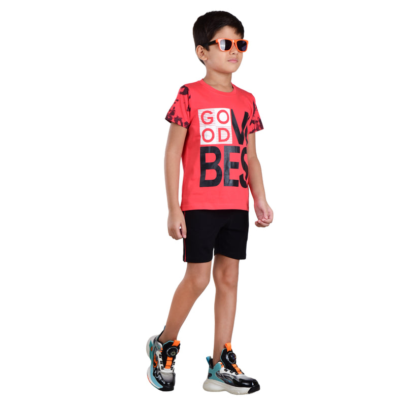 Boys Half sleeve Shirt & Shorts Co-Ord Set, Tomato & Black