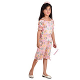 Clothe Funn Girls Fancy Printed Half Sleeve Strappy Top With Capri, Co-Ord Set, Peach Butterfly