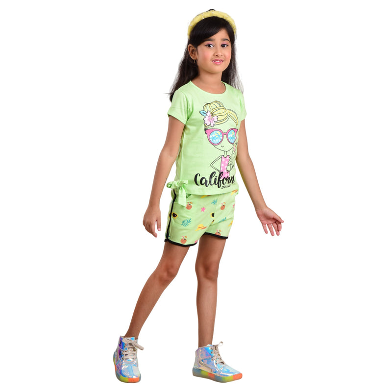 Clothe Funn  All-over printed Half Sleeve Girls Co-Ord Set, Lime Green