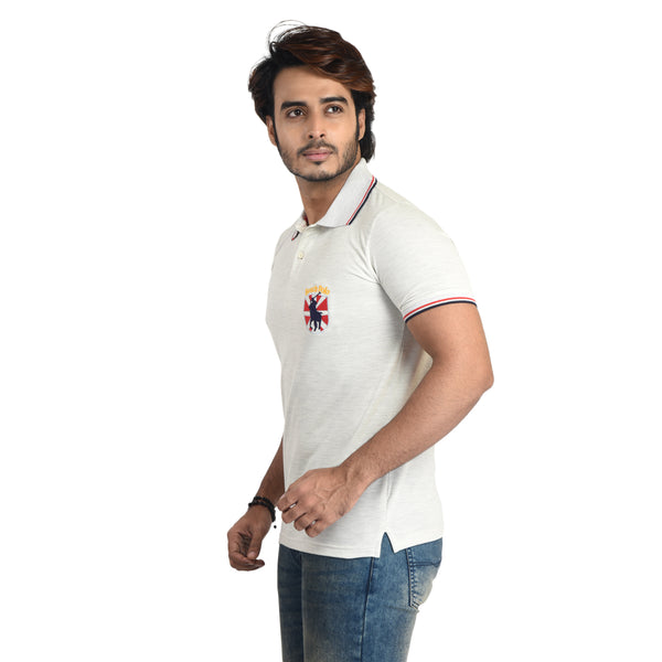 Clothe Funn Mens Polo T-Shirt Embroidery, Ecru Melange