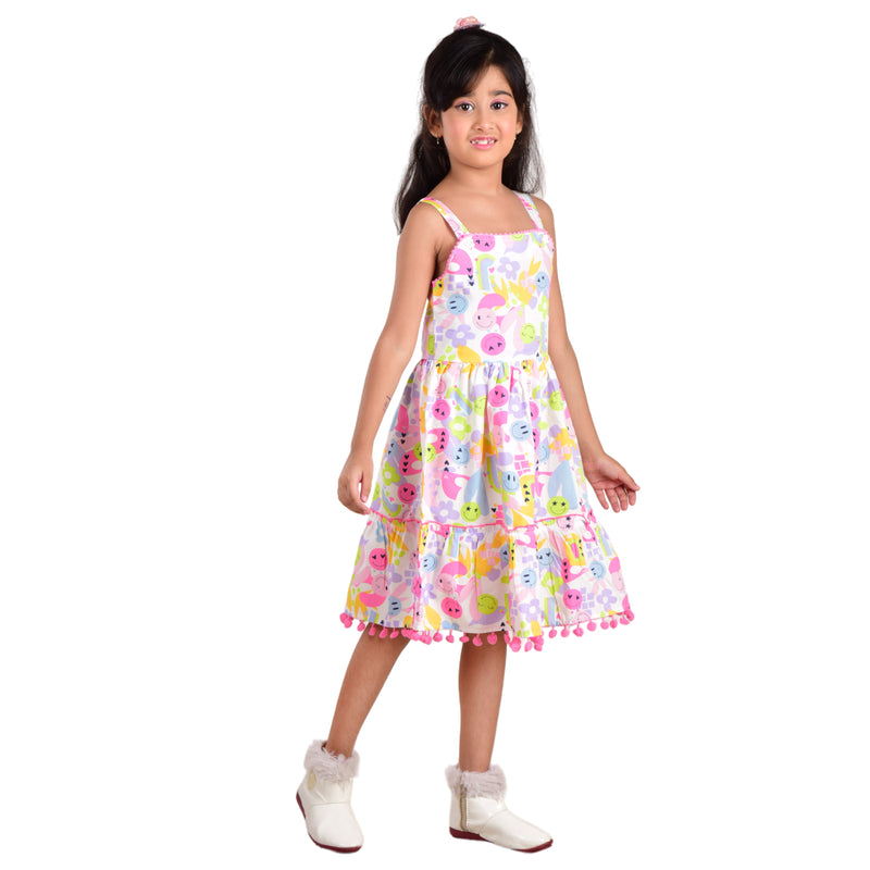 Clothe Funn Girls Sleeveless Frock With Strap, White Multi