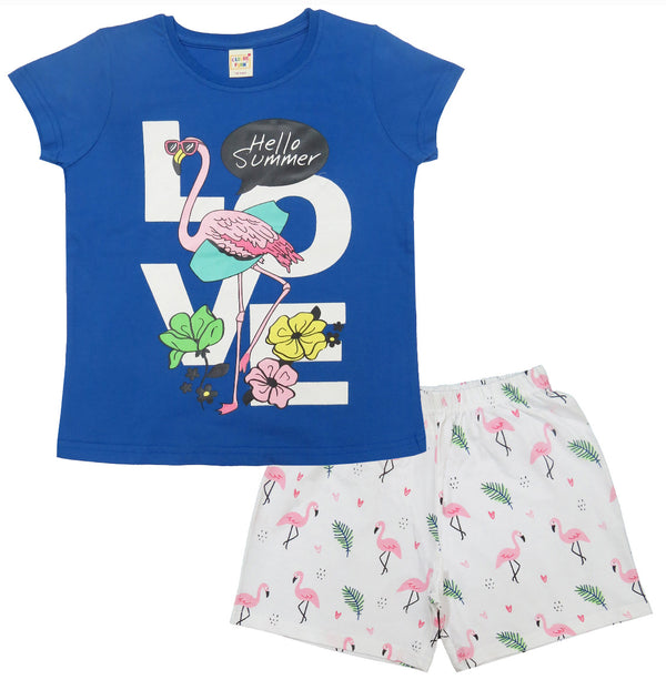 Clothe Funn Girls Cotton Nightwear Set, Royal Blue & White