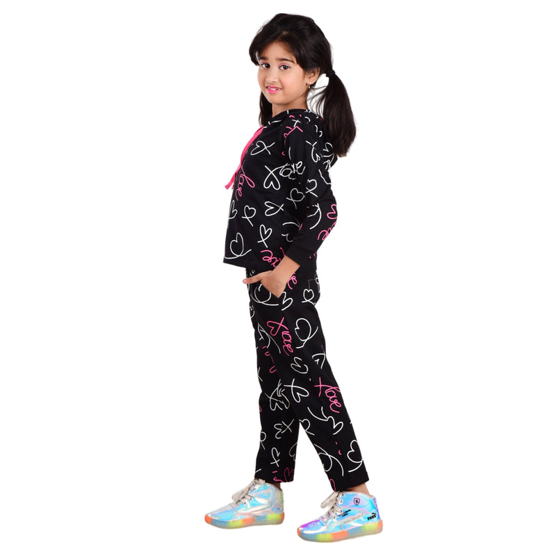 Clothe Funn Girls Track Suit, Hood Sweatshirt & Track Pant, Black