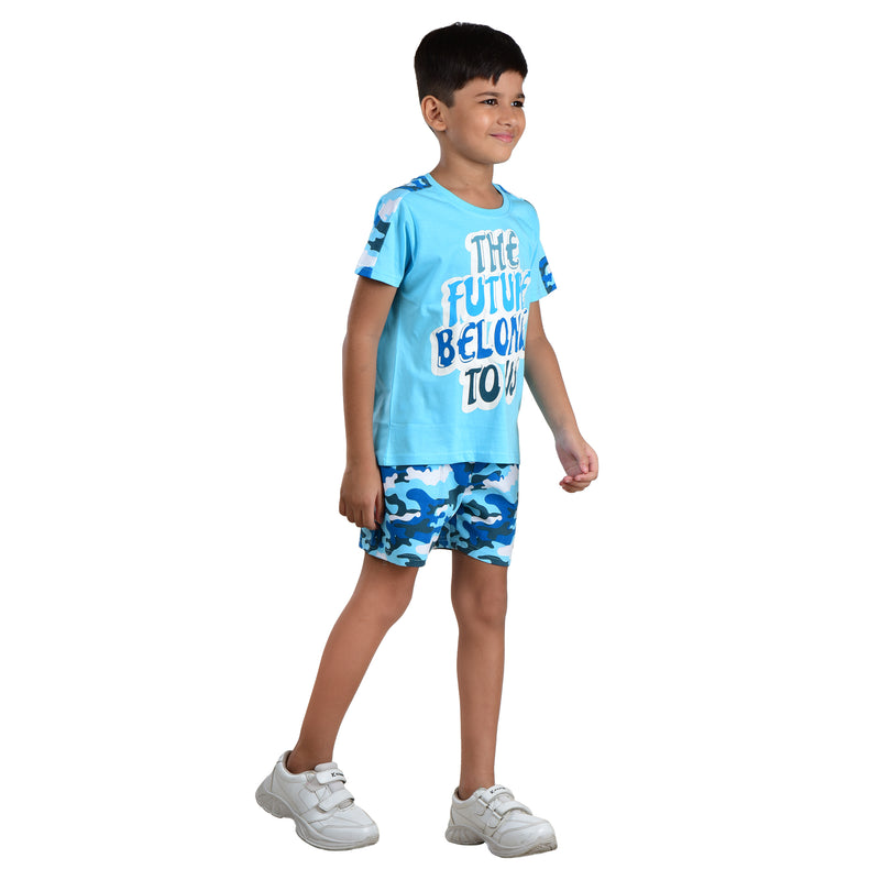 Clothe Funn Boys Co-Ord Set Set, Half Sleeve T-Shirt & Shorts Set, T.Blue & Military