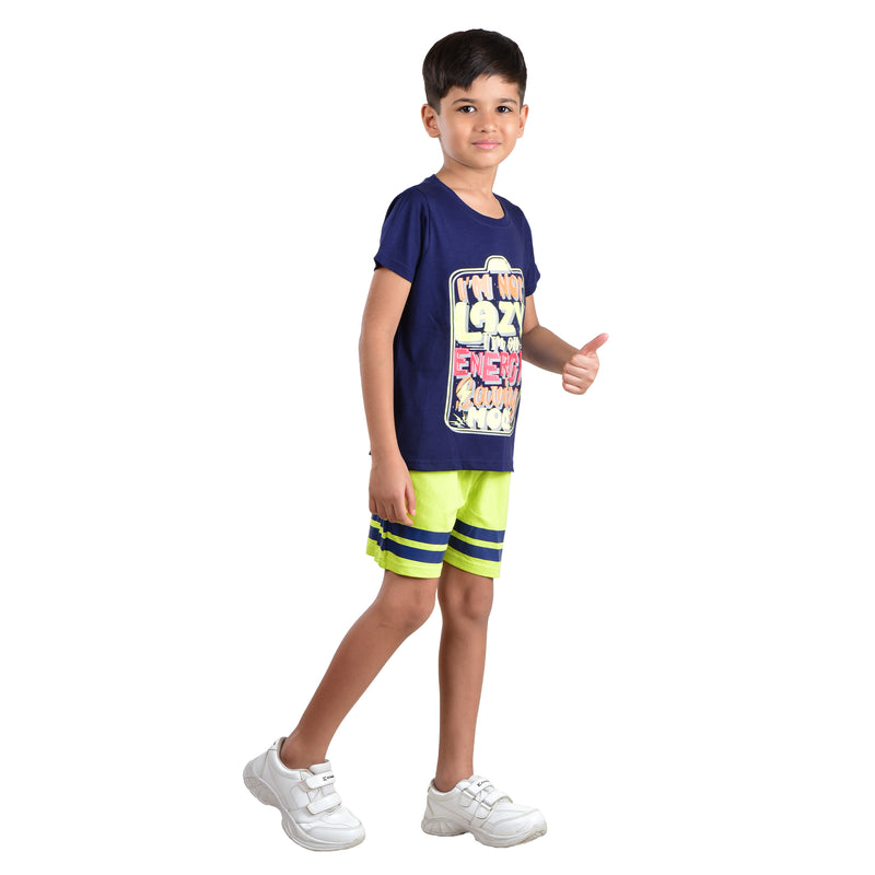 Clothe Funn Boys Co-Ord Set Set, Half Sleeve T-Shirt & Shorts Set, Navy & Acid Green