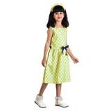 Clothe Funn Girls Square Neck, Polka Dot Printed Dress, Yellow & T.Blue