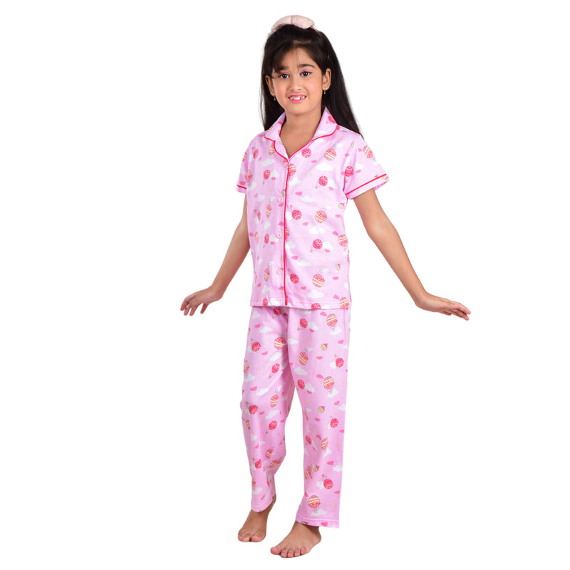 Clothe Funn Girls Cotton Night Suit Set, Hot Pink AOP