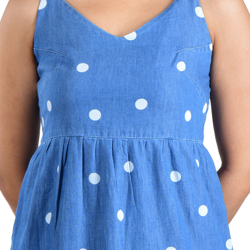 Spaghetti Denim Polka Dress