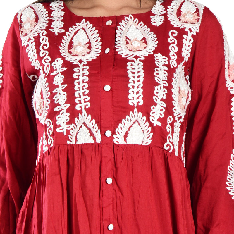 Maroon Embroidered Knee Length Dress