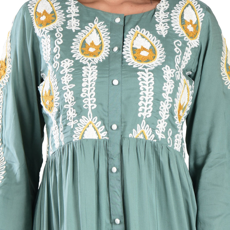 Teal Embroidered Knee Length Dress