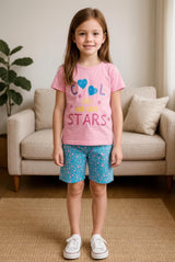 Clothe Funn Girls Stars Printed Half Sleeve T-Shirt & Shorts Set, Pink/T.Blue