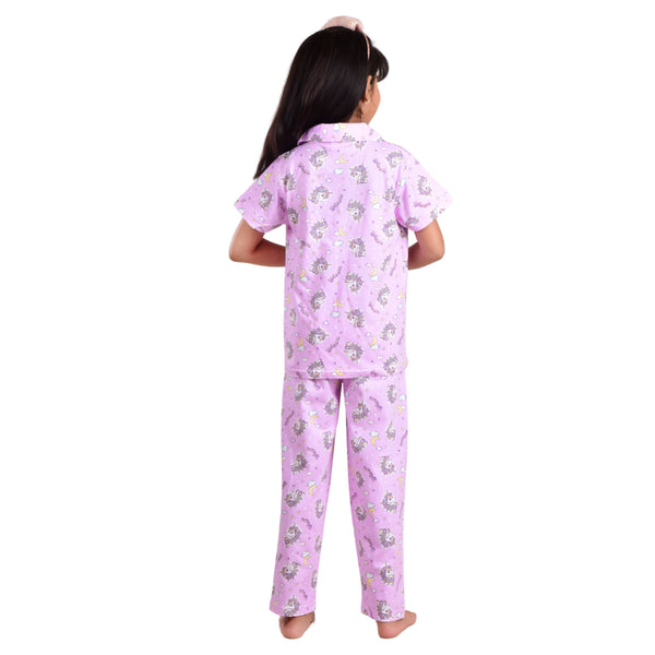 Clothe Funn Girls Cotton Night Suit Set, Purple AOP