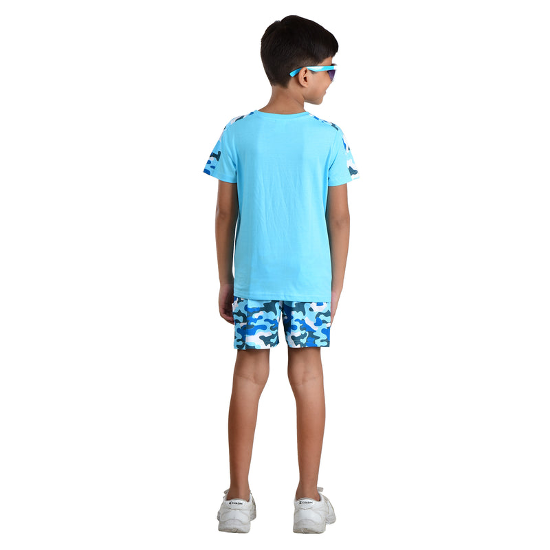 Clothe Funn Boys Co-Ord Set Set, Half Sleeve T-Shirt & Shorts Set, T.Blue & Military