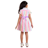 Clothe Funn Girls Multi Stripes Dress, Modern Frock with Belt, Neon Stripes