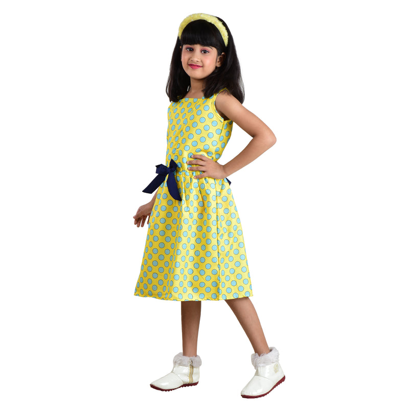 Clothe Funn Girls Square Neck, Polka Dot Printed Dress, Yellow & T.Blue