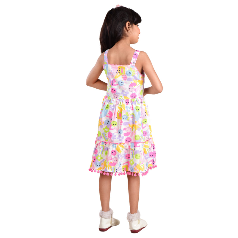 Clothe Funn Girls Sleeveless Frock With Strap, White Multi