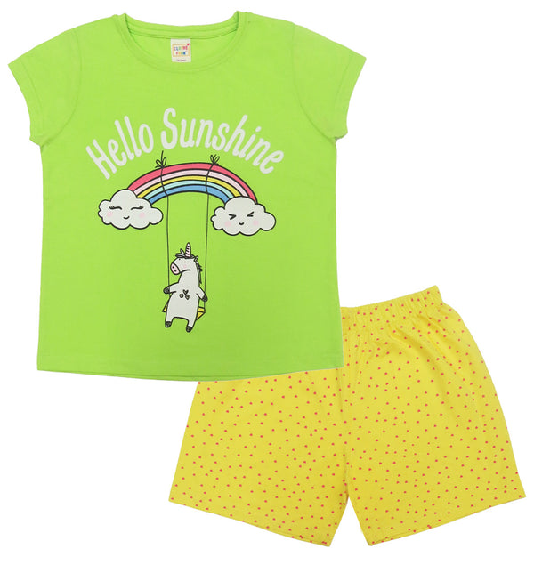 Clothe Funn Girls Cotton Nightwear set, Neon Green & Yellow