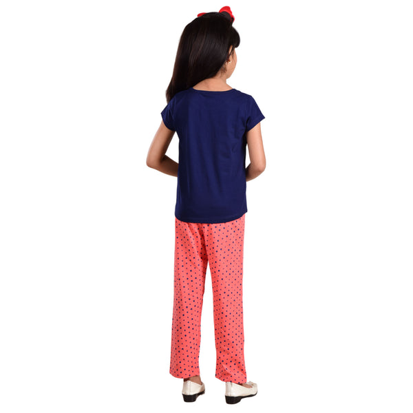 Clothe Funn Girls Cotton Nightsuit Set, Coordinate Set, Navy/Coral