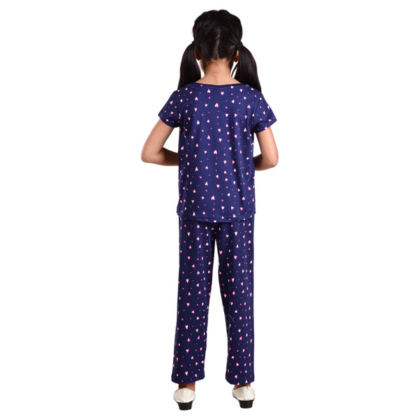 Clothe Funn Girls Cotton Nightsuit Set, Coordinate Set, Navy Heart AOP