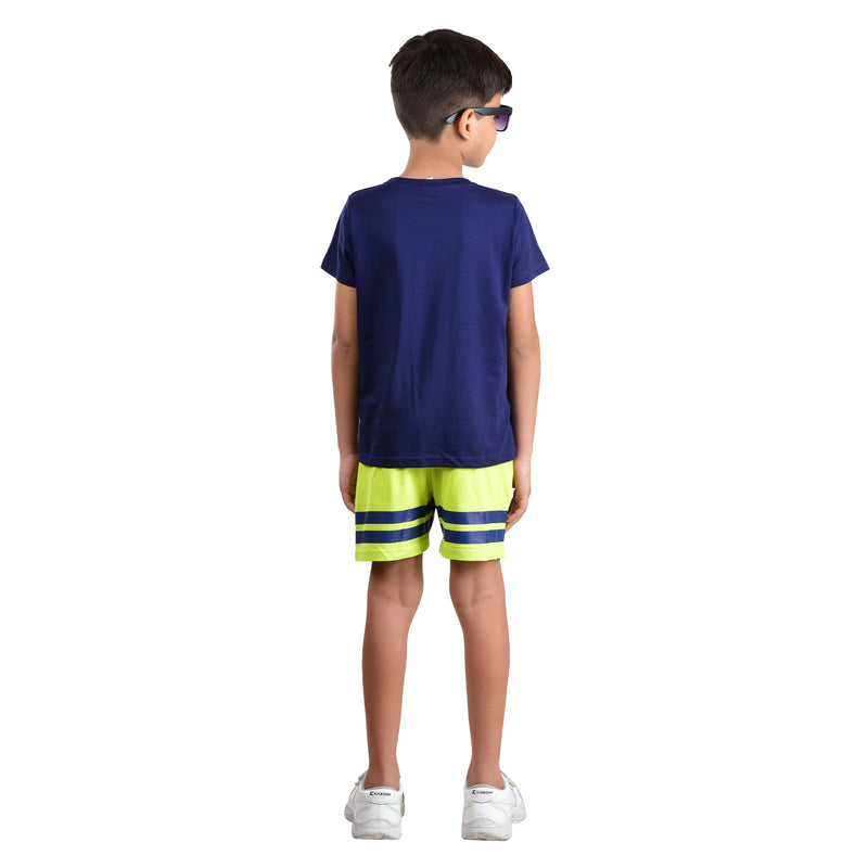 Clothe Funn Boys Co-Ord Set Set, Half Sleeve T-Shirt & Shorts Set, Navy & Acid Green