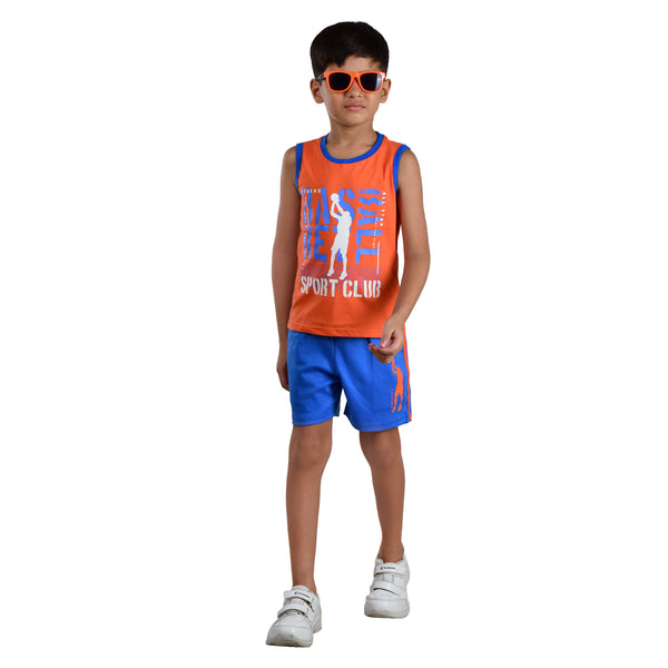 Clothe Funn Boys C-Ord Set, Sleeveless T-Shirt & Shorts, Orange & T.Blue