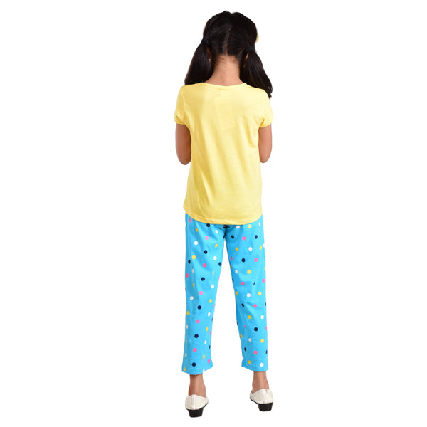 Clothe Funn Girls Cotton Nightwear Set, Co-Ordinate Set, Yellow/T.Blue