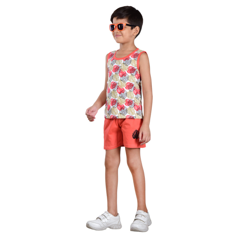 Clothe Funn Boys C-Ord Set, Sleeveless T-Shirt & Shorts, White & Coral