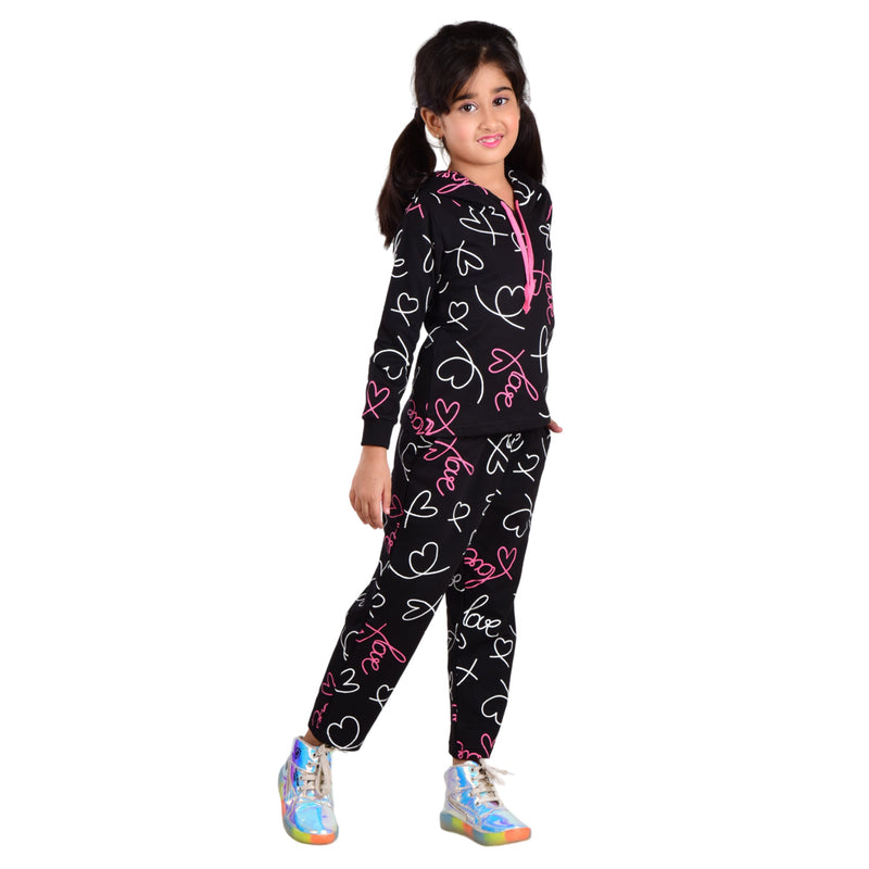 Clothe Funn Girls Track Suit, Hood Sweatshirt & Track Pant, Black