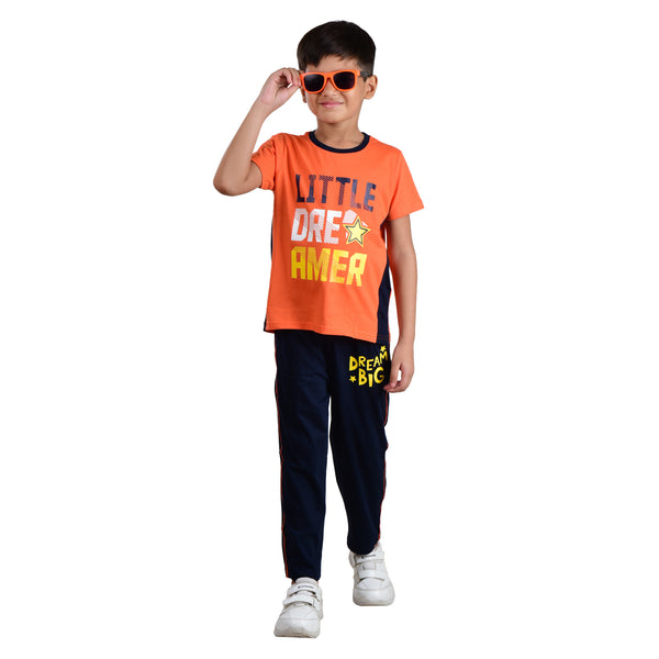 Boys Half sleeve T-Shirt & Full Pant Co-Ord Set, Orange & Navy