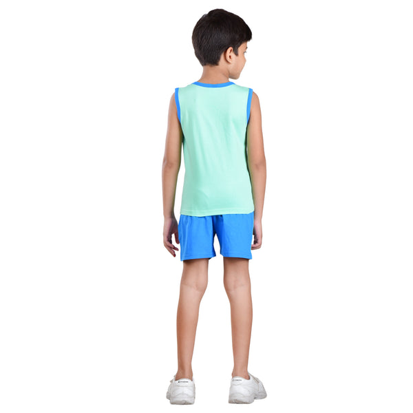 Clothe Funn Boys C-Ord Set, Sleeveless T-Shirt & Shorts, Mint & Royal