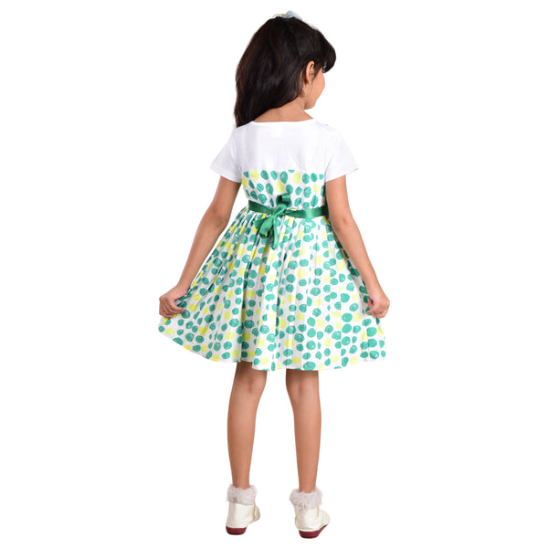 Clothe Funn Girls Frock with Belt, Green Polka