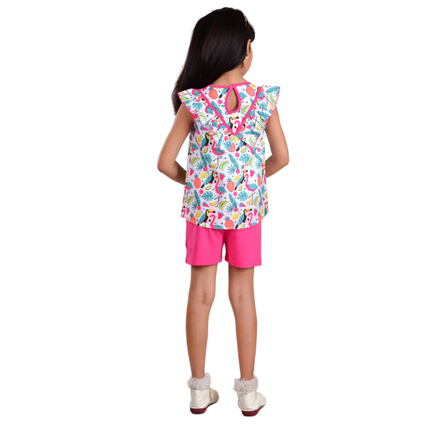 Clothe Funn Girls Fancy Printed Sleeveless Co-Ord Set, Shorts Set, Cotton Fabric, White AOP, Fuschia