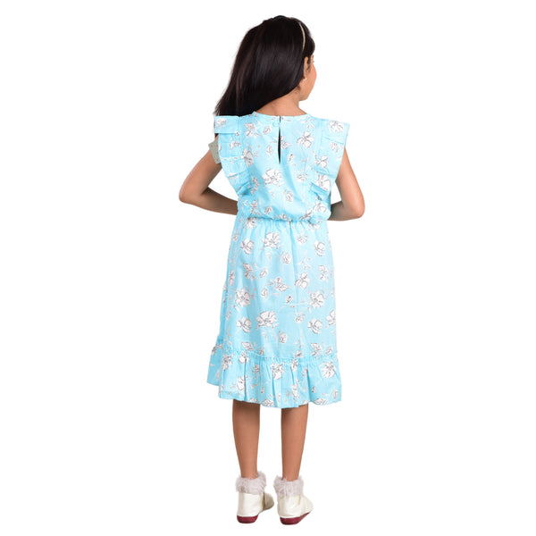 Clothe Funn Girls Sleeveless Floral Printed Dress, Modern Frock, Blue AOP