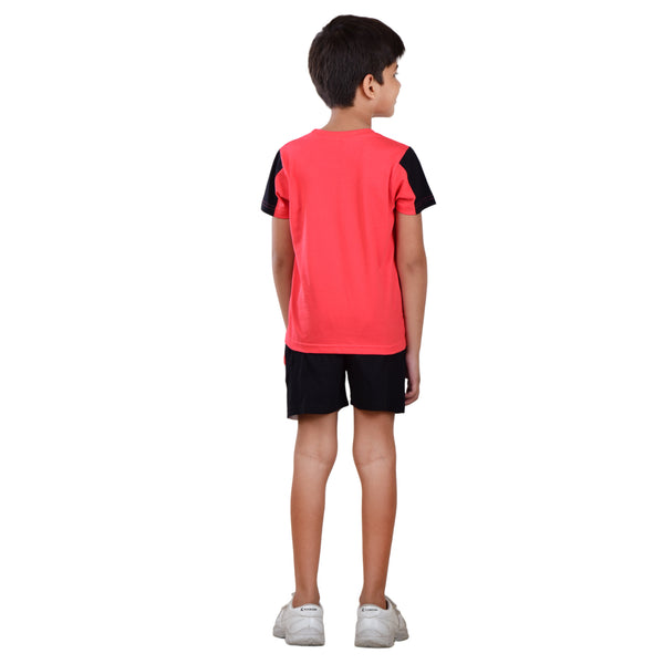 Boys Half sleeve Shirt & Shorts Co-Ord Set, Coral & Black