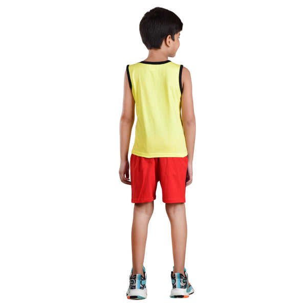 Clothe Funn Boys C-Ord Set, Sleeveless T-Shirt & Shorts, Yellow & Red