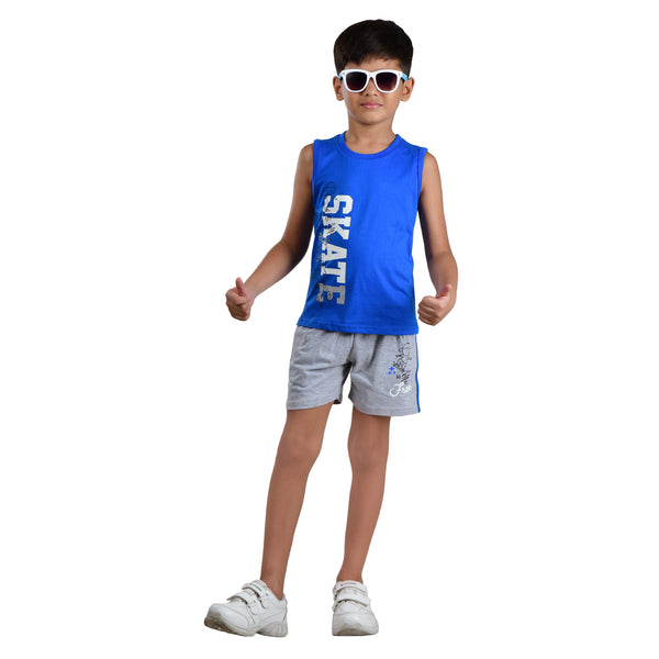 Clothe Funn Boys Co-Ord Set, Sleeveless T-Shirts & Shorts Set, Royal & Ecru Mel