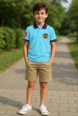 Clothe Funn Boys Cotton Embroidered Polo T-Shirt, T.Blue