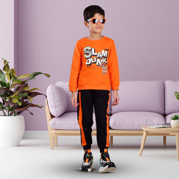 Clothe Funn Boys Sweatshirt & Track Pant Set, Orange & Black