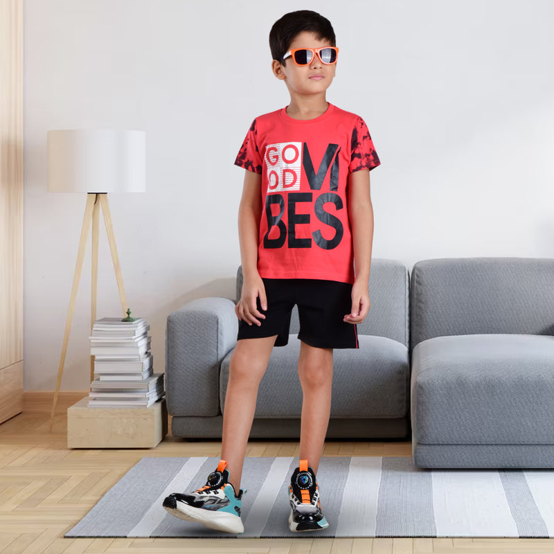 Boys Half sleeve Shirt & Shorts Co-Ord Set, Tomato & Black