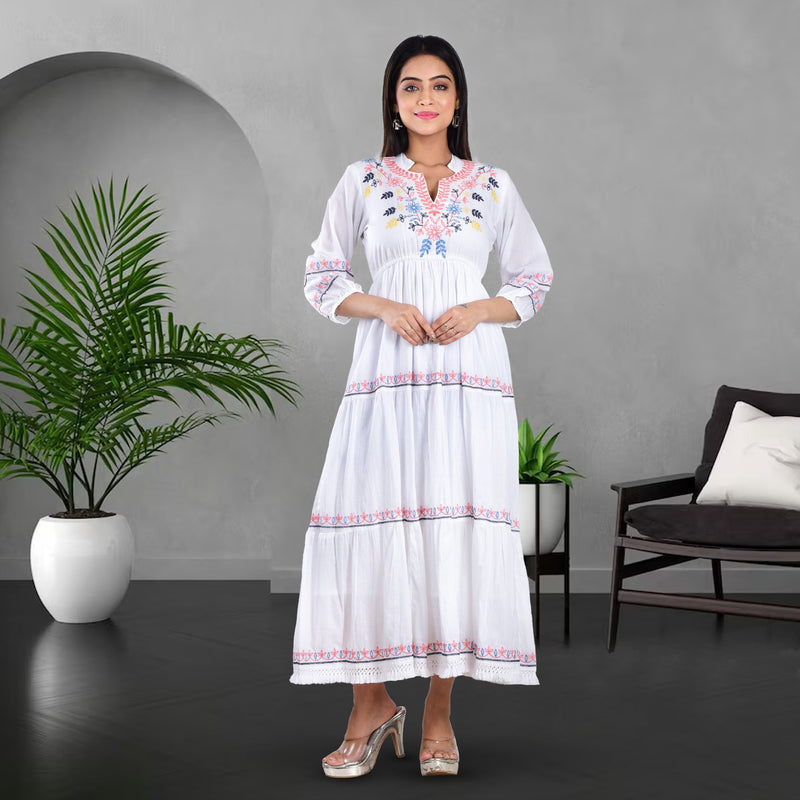 Embroidered Flare Tea-Length Dress - White Clothe Funn Embroidered Flare Tea-Length Dress - White Clothe Funn