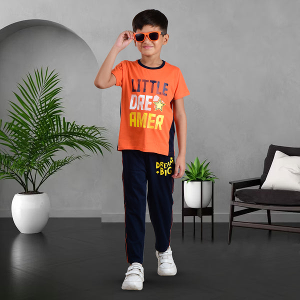 Boys Half sleeve T-Shirt & Full Pant Co-Ord Set, Orange & Navy