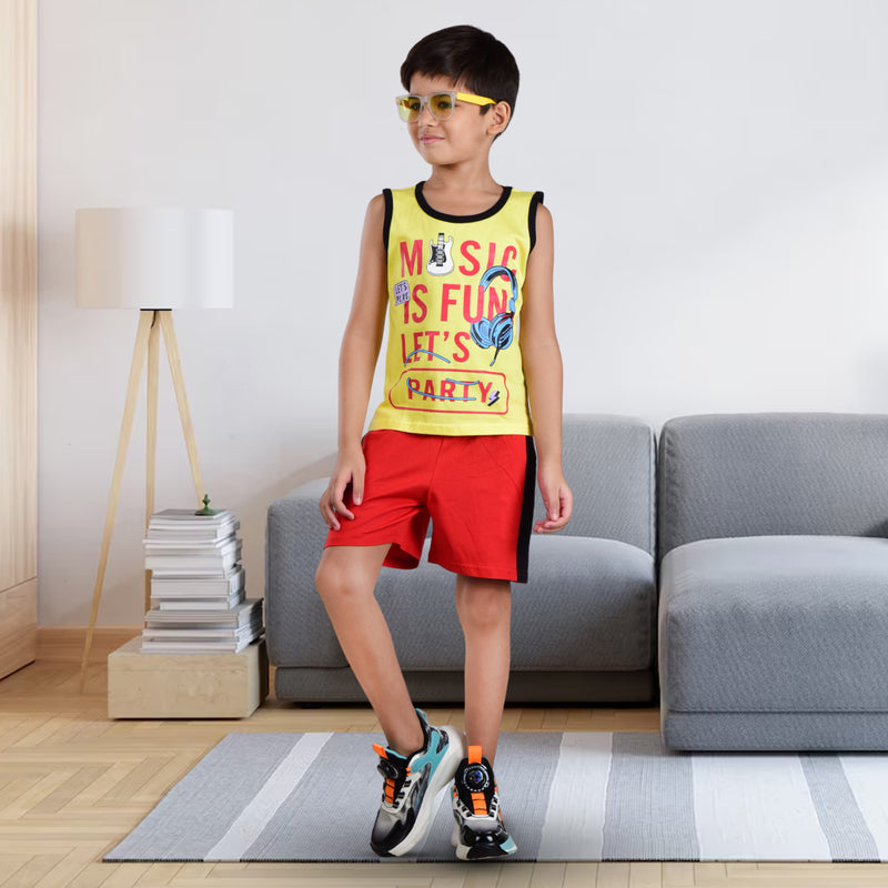 Clothe Funn Boys C-Ord Set, Sleeveless T-Shirt & Shorts, Yellow & Red