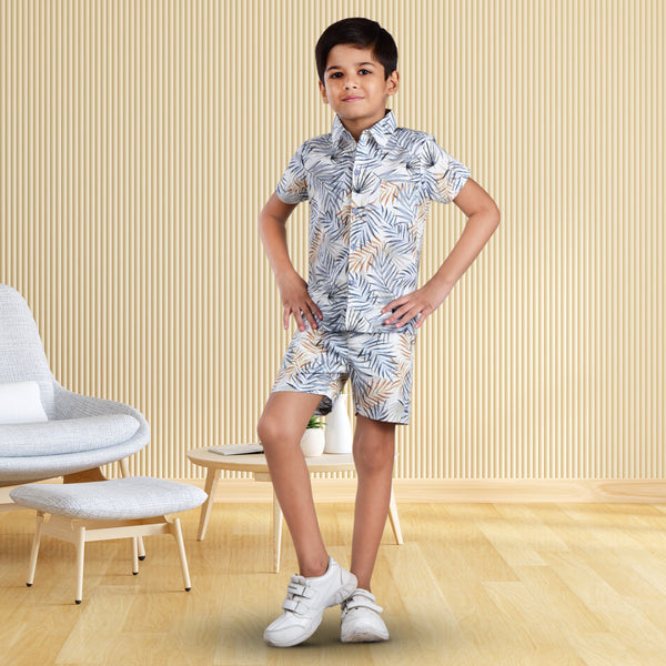 Boys Half sleeve Shirt & Shorts Co-Ord Set, Blue Leaf AOP